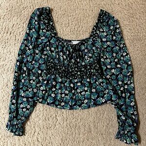 SO Black and Blue Floral Smocked Blouse